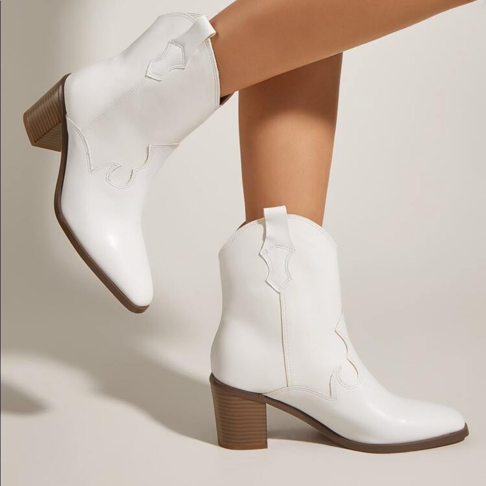 White Block Heel Cowboy Boots - Picture 2 of 10